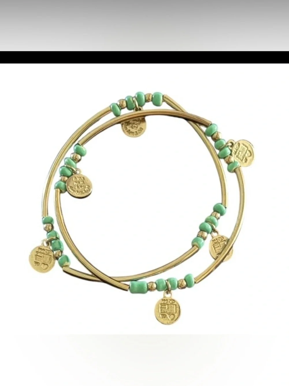 Alex and Ani Beach Please Charm Bangle Set Shiny Gold Teal Seed Beads Stack